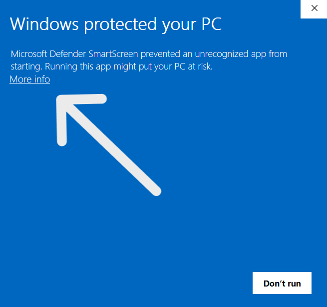 Step 1: Windows Defender dialog showing 'Windows protected your PC'. Click on 'More info' link.