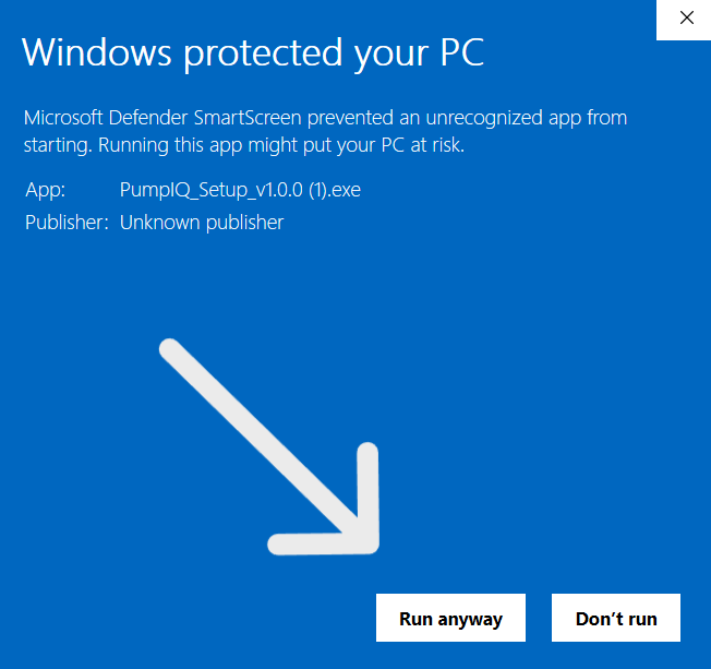 Step 2: Expanded dialog showing 'Run anyway' and 'Don't run' buttons. Click 'Run anyway'.